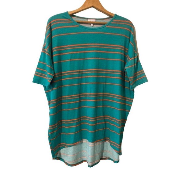 LuLaRoe Women's Small Irma High-Low Tunic Green Orange Stripes Short Sleeve NWOT - Picture 1 of 4